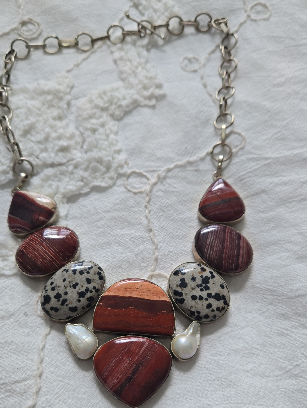 Red Jasper & Dalmatian Stone Statement Necklace with Pearl Accents